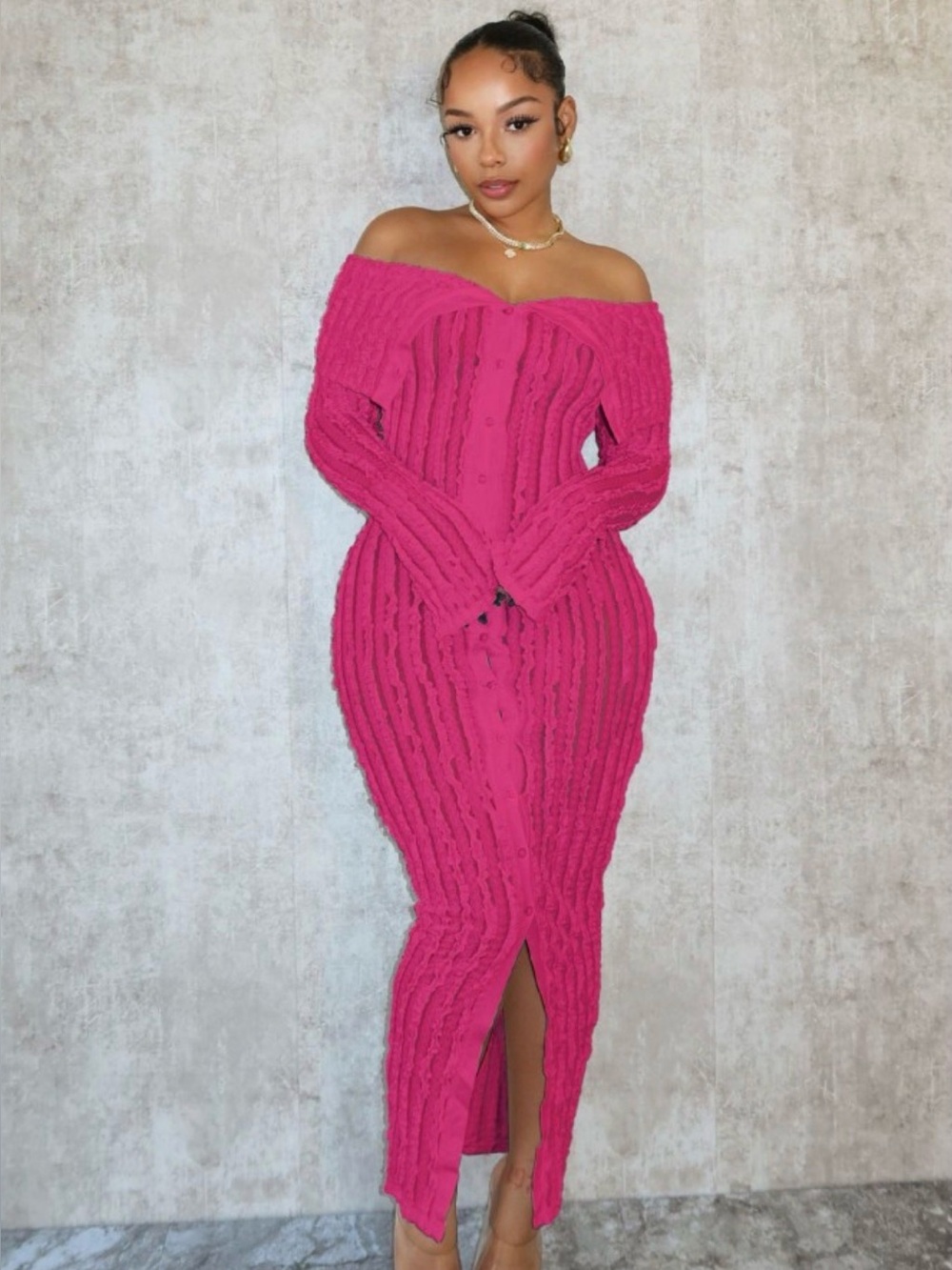 Off-Shoulder Hot Pink Cable Knit Button-Front Midi Dress